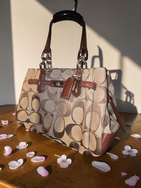 Coach Signature Jacquard Shoulder Bag in Beige and Brown